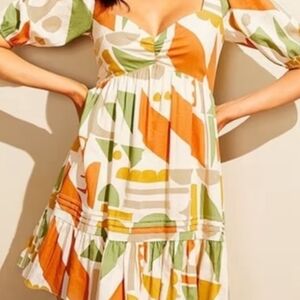 Gianni Bini Abstract Puff Sleeve Mini Dress in Orange, Green & Cream